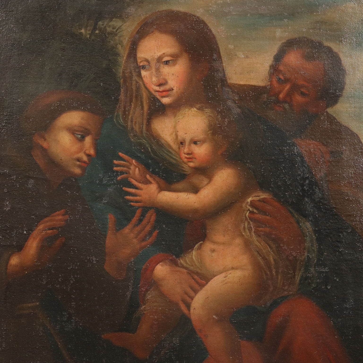 Antique Painting The Holy Family With Sant XVII XVIII Century photo for sale