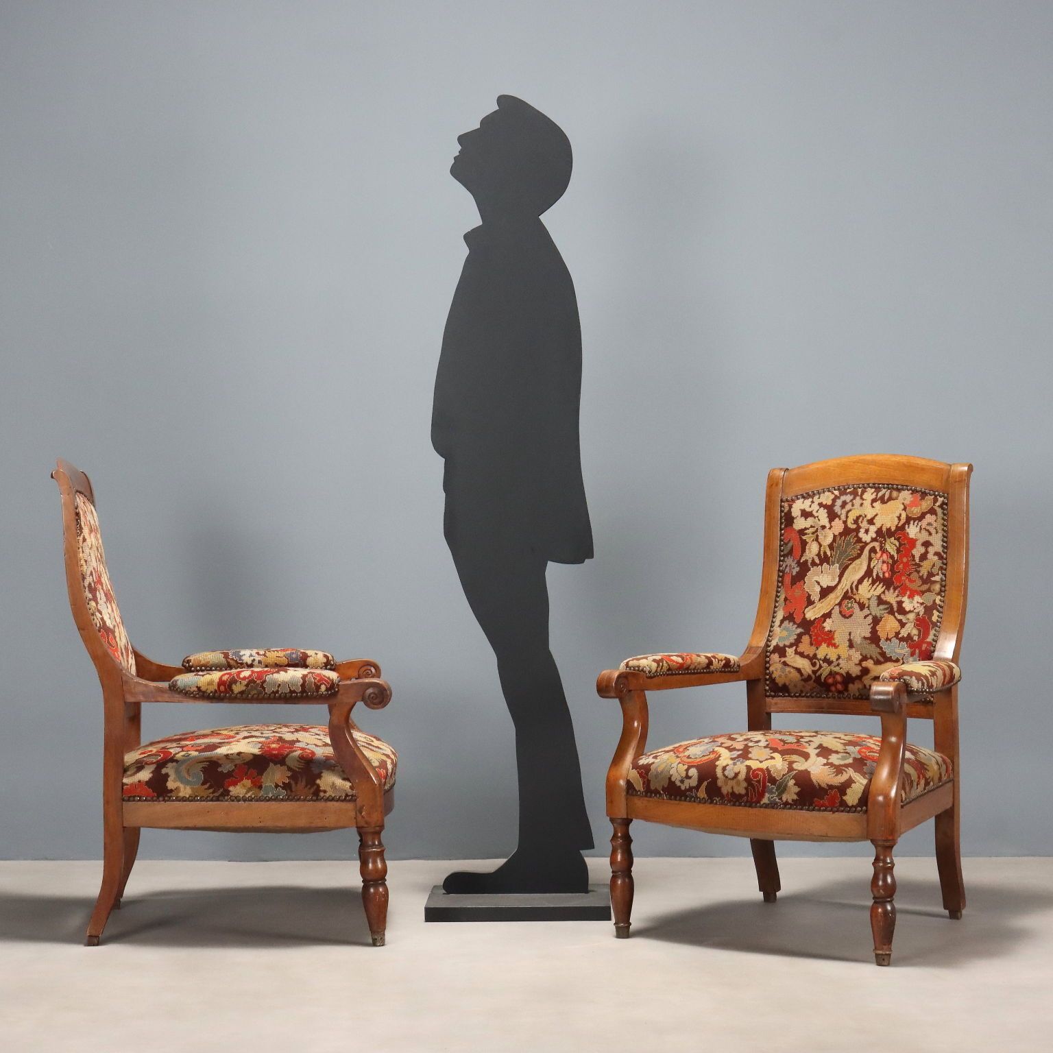 Antique Armchairs Walnut Maple Fabric Italy Late XIX Century photo for sale