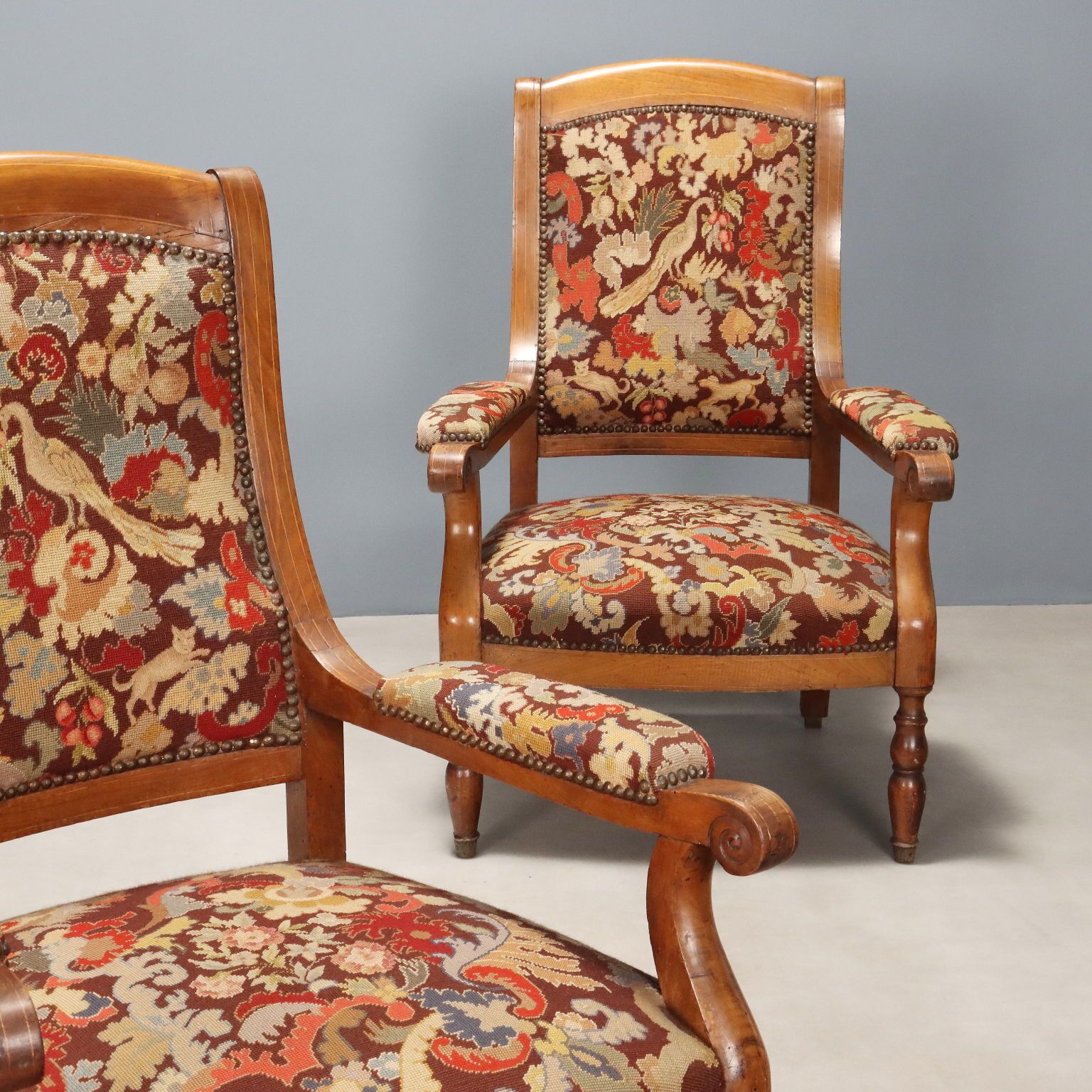 Antique Armchairs Walnut Maple Fabric Italy Late XIX Century photo Furniture