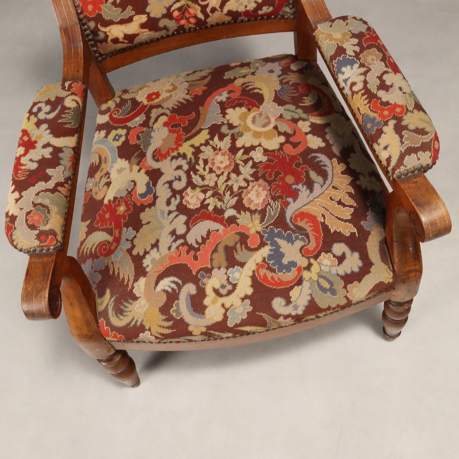 Antique Armchairs Walnut Maple Fabric Italy Late XIX Century photo vintage