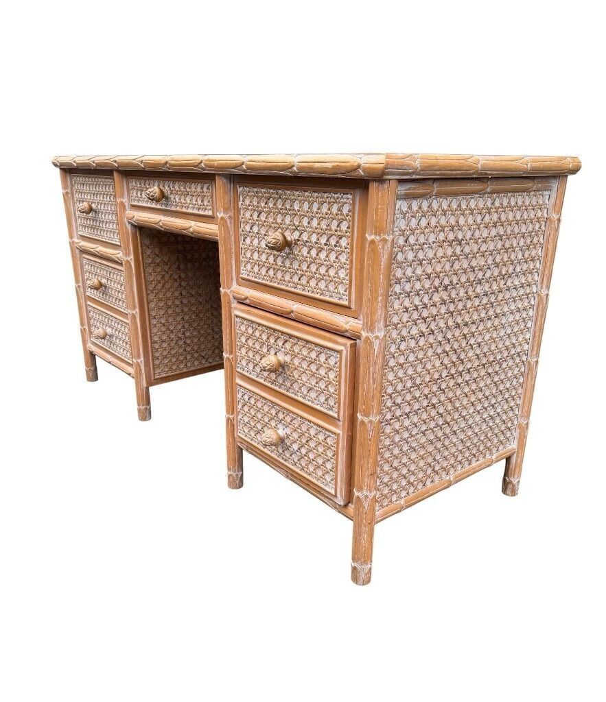 A 1980s Colonial Style Carved Wood And Rattan Desk By Roche Bobois photo 2475.0