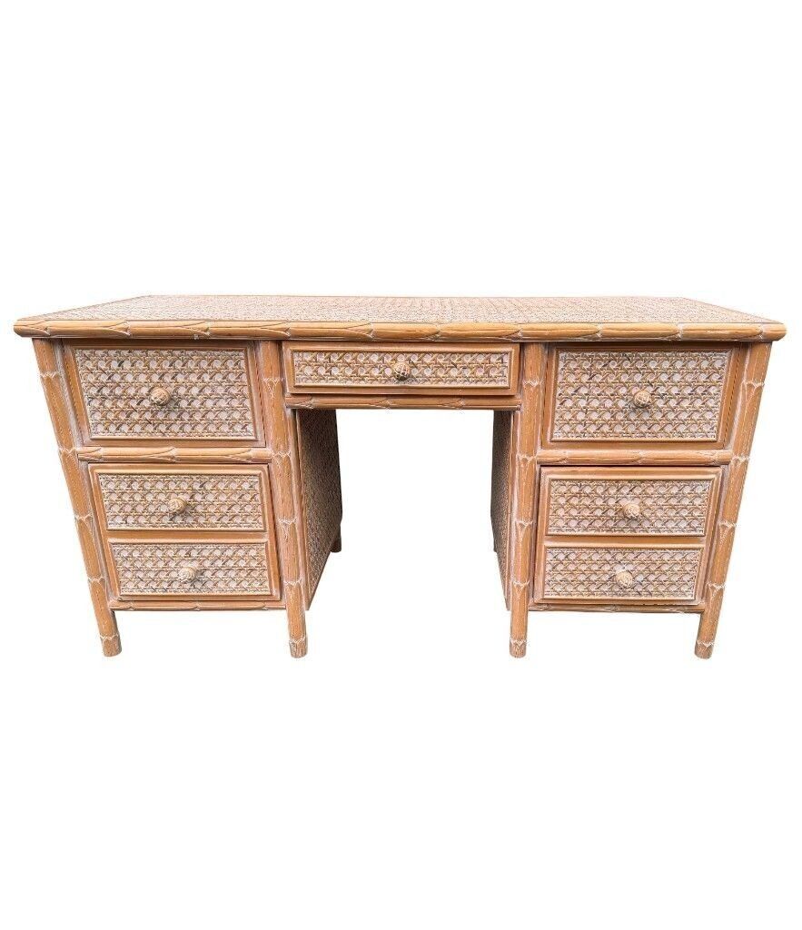Furniture A 1980s Colonial Style Carved Wood And Rattan Desk By Roche Bobois photo