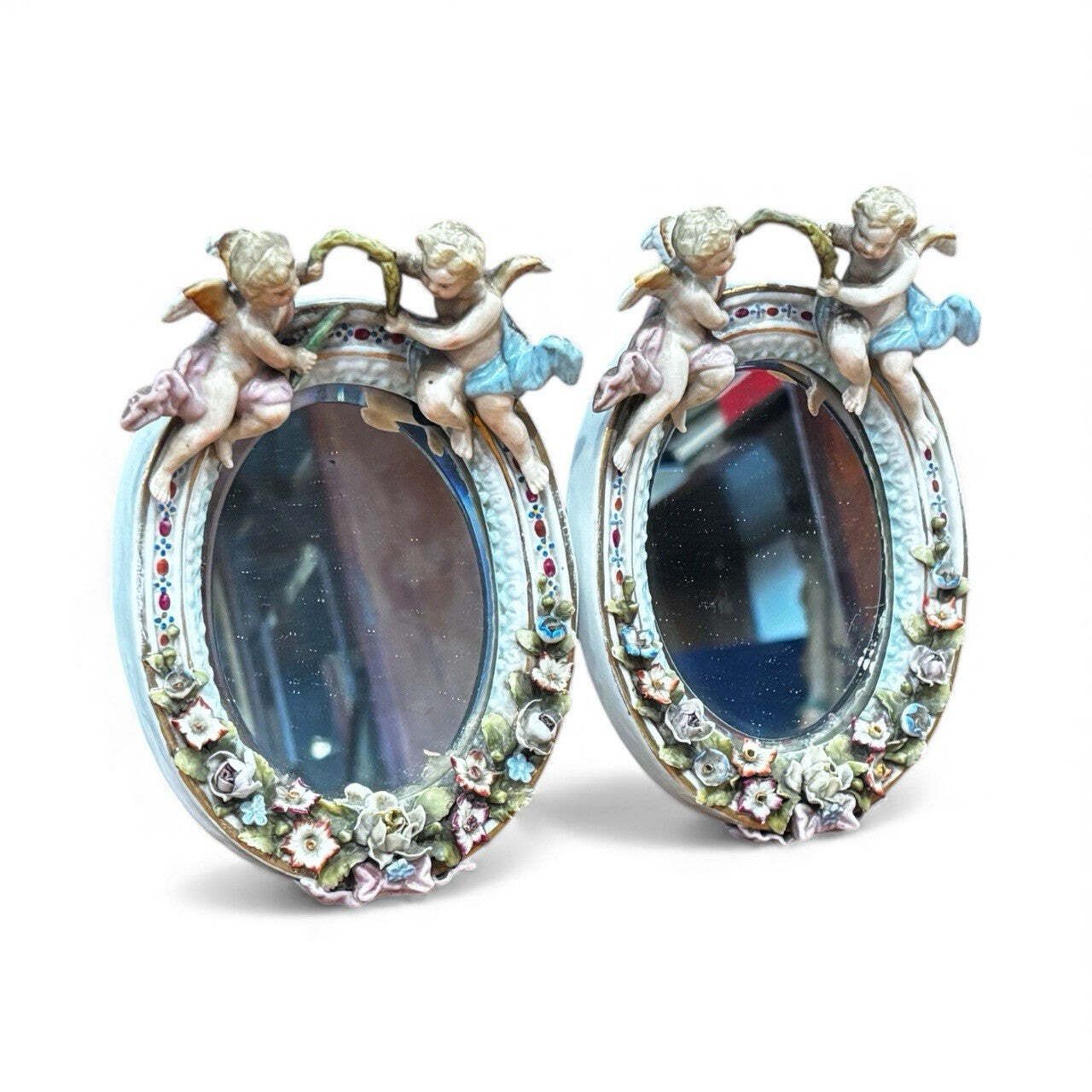 Pair Of Small Winged Cherub Porcelain Wall Mirrors, German, Possibly Meissen photo furniture
