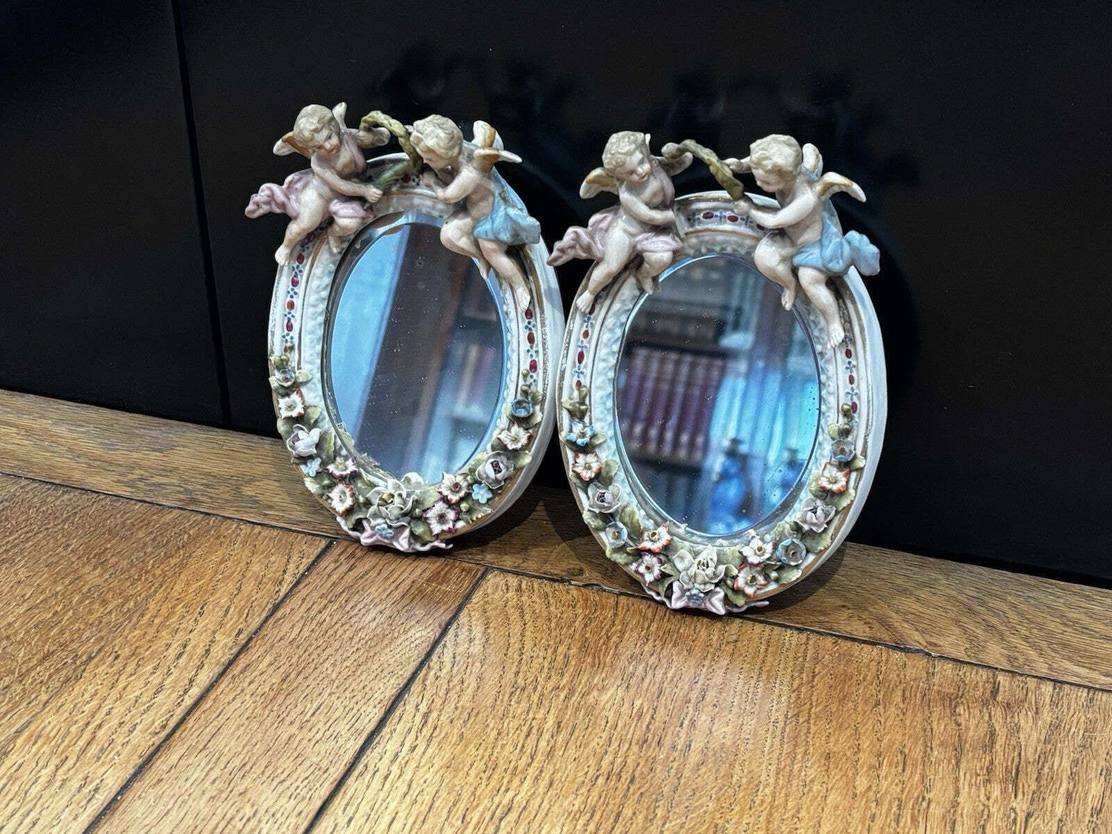 Pair Of Small Winged Cherub Porcelain Wall Mirrors, German, Possibly Meissen photo buy