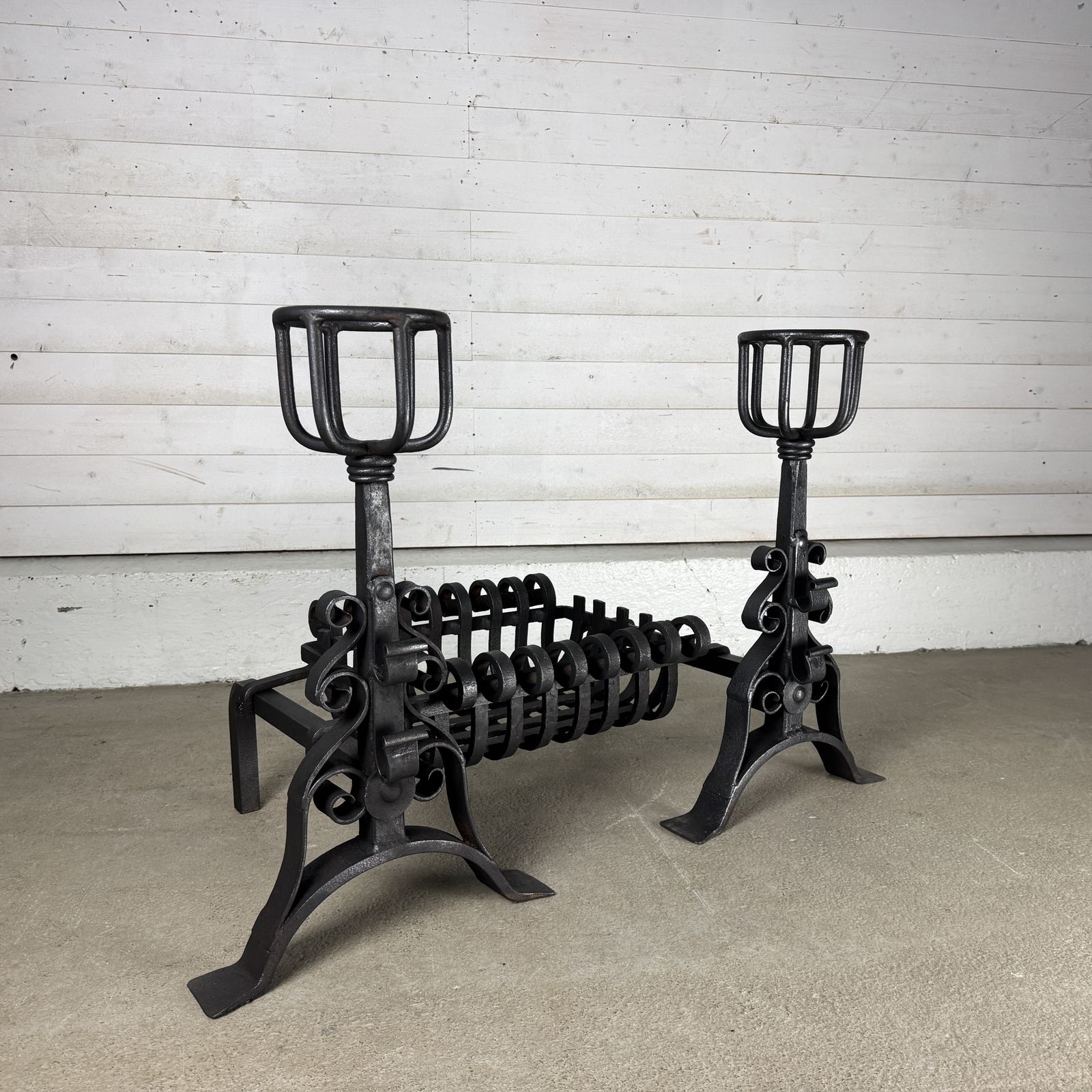 Reclaimed Iron Fire Basket Of Dogs With Scroll Design