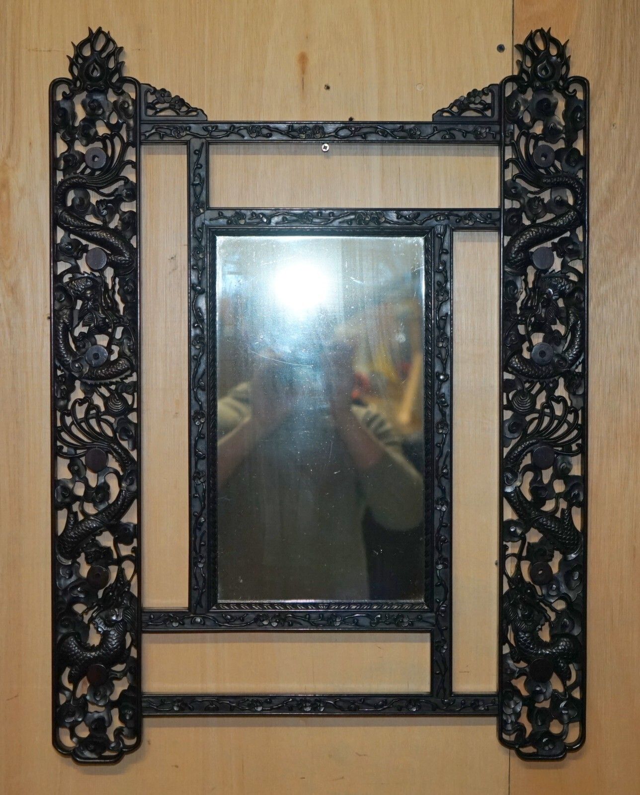 Lovely Ornately Carved Vintage Chinese Dragon Wall Mirror With Original Plate photo furniture