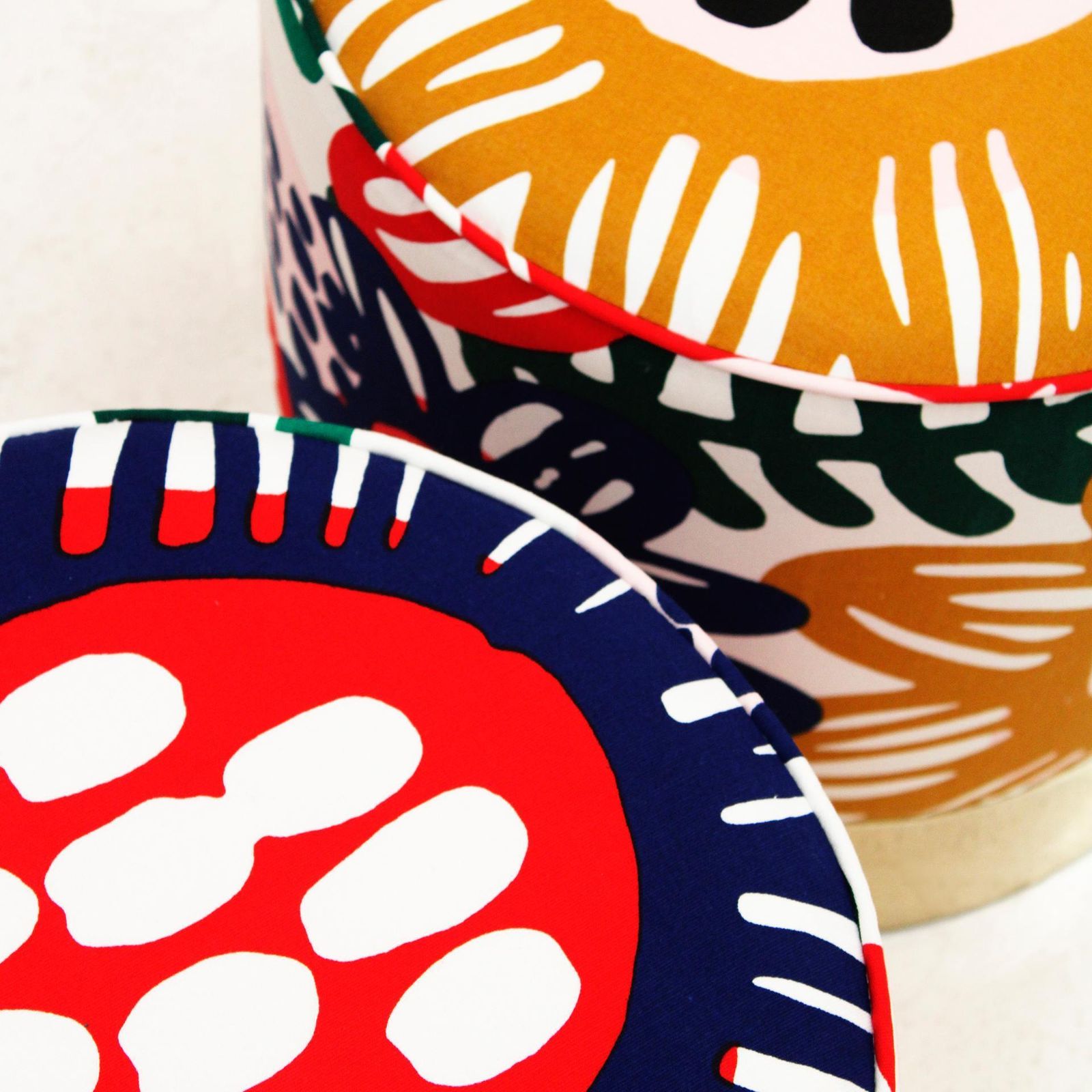 photo for sale Pair Of Contemporary Italian Circular Poufs In Multicolored Fabric With Floral Motifs