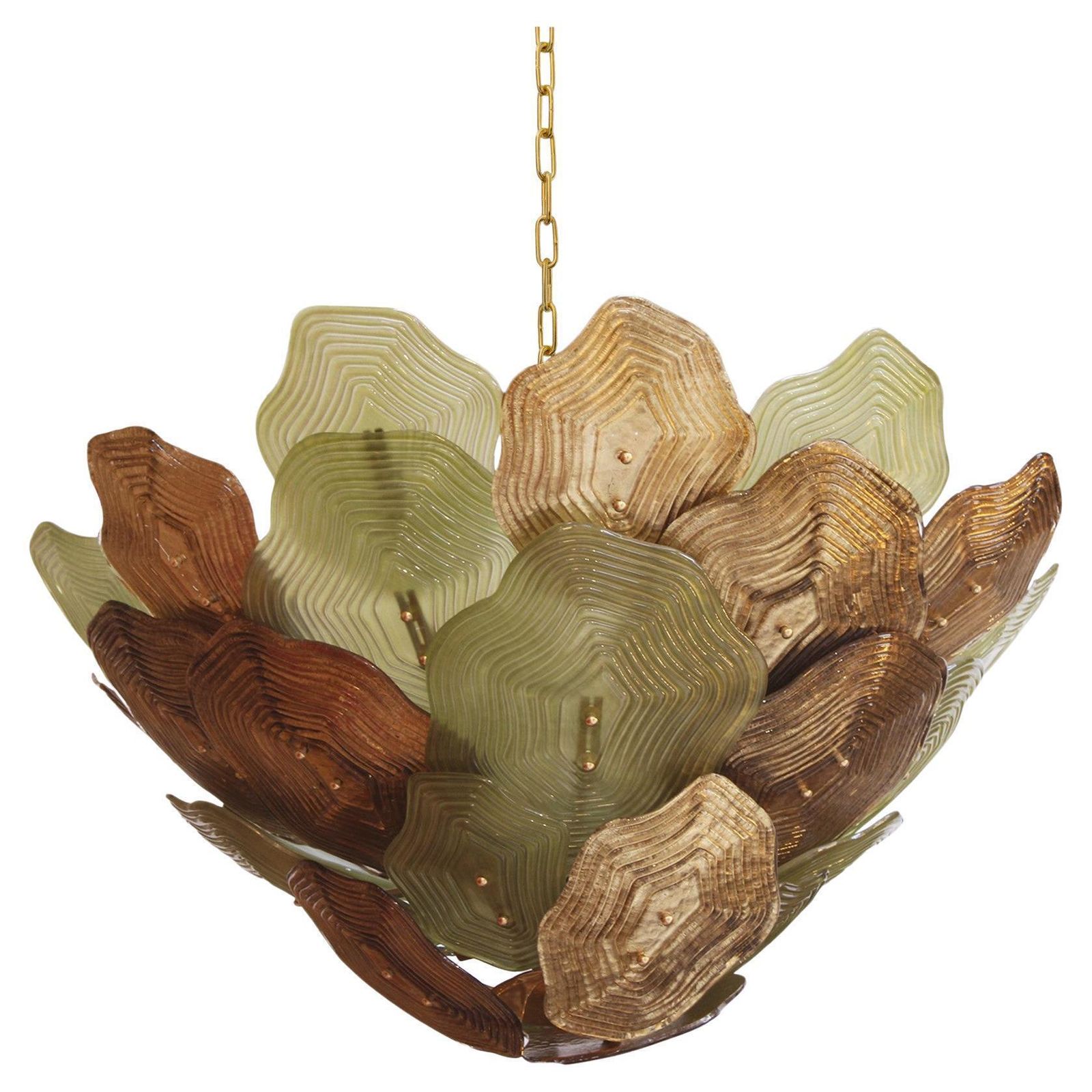 Multicolored Glass Ceiling Lamp In Green, Brown And Gold From Murano, Italy.
