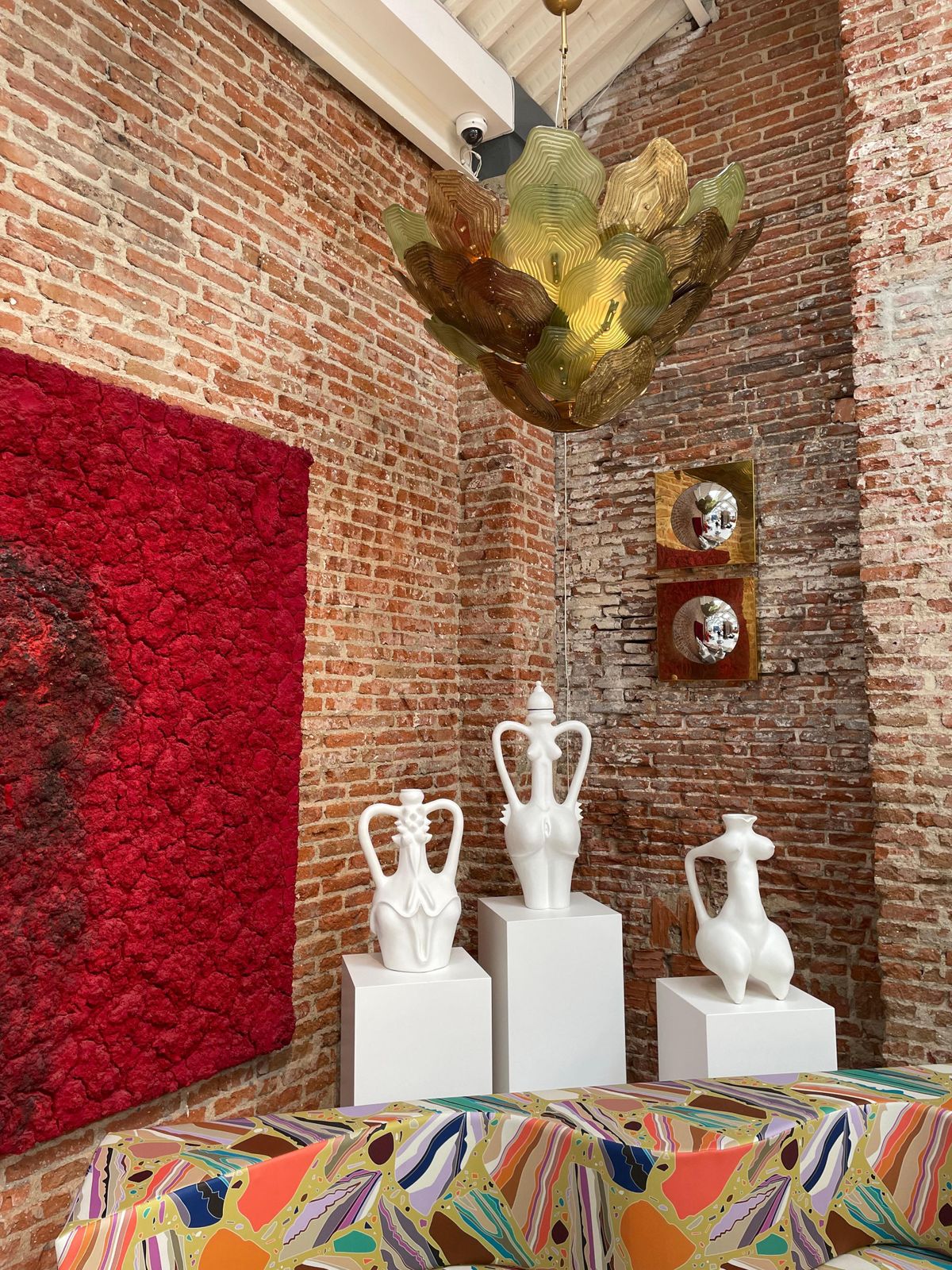 photo furniture Multicolored Glass Ceiling Lamp In Green, Brown And Gold From Murano, Italy.