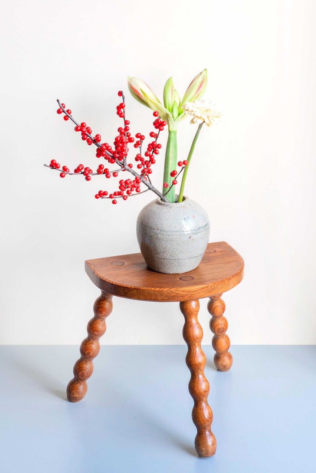 Vintage French Oak Bobbin Stool – Turned Legs – Half Moon Plant Stand   Half Round Top photo furniture