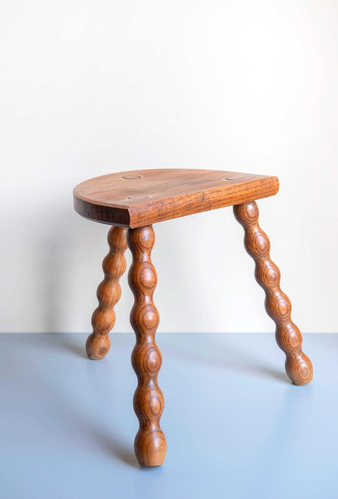 Vintage French Oak Bobbin Stool – Turned Legs – Half Moon Plant Stand   Half Round Top photo vintage