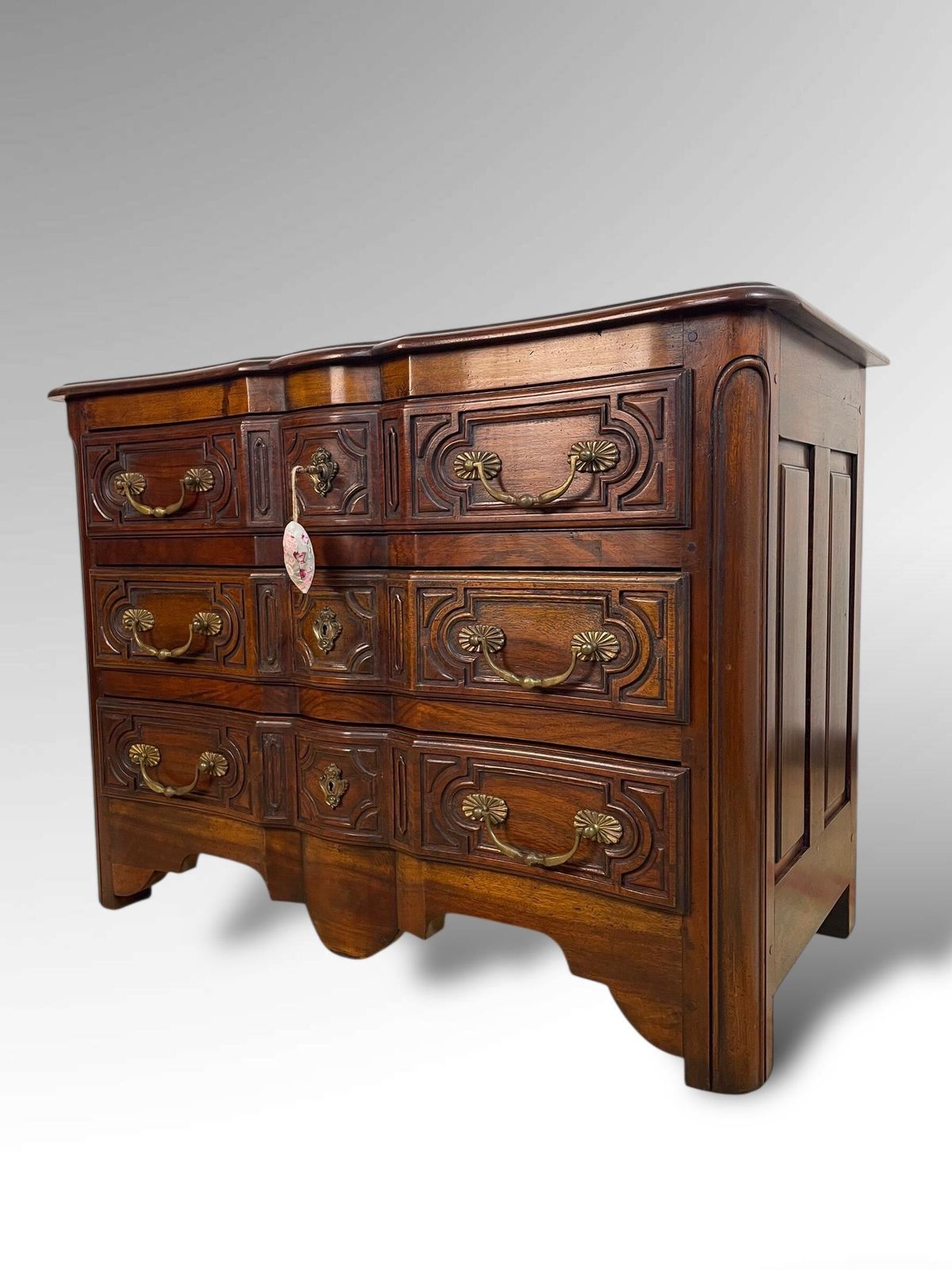 Antique Walnut Commode With Carved Panels & Brass Handles photo vinterior