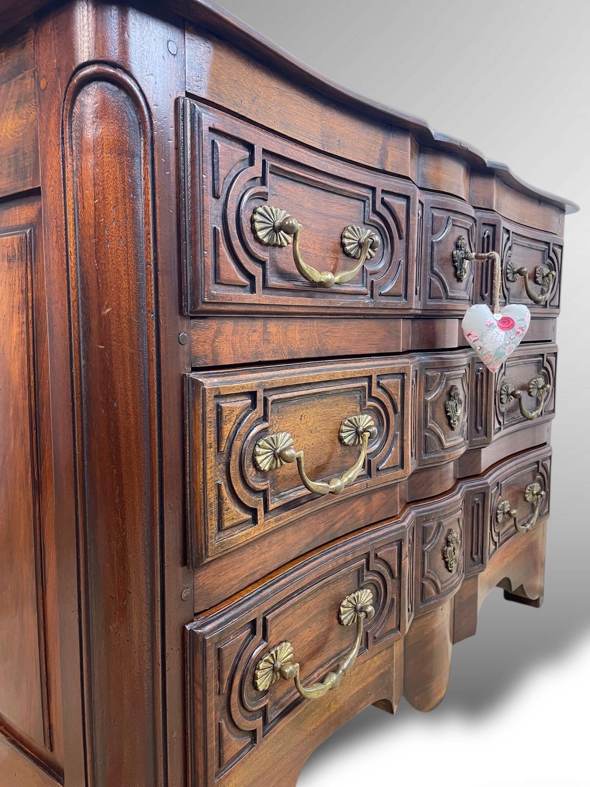 photo for sale Antique Walnut Commode With Carved Panels & Brass Handles