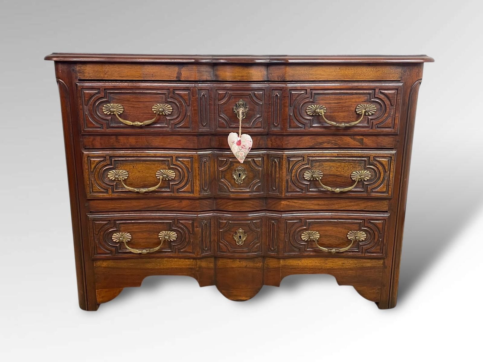 795.0 Antique Walnut Commode With Carved Panels & Brass Handles photo