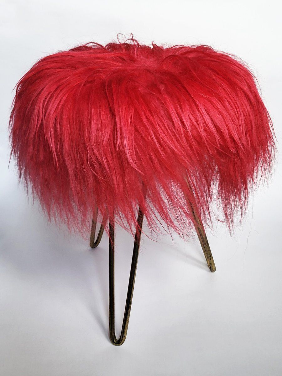 Mid Century Modern Flokati Stool With Hairpin Legs, 1950s
