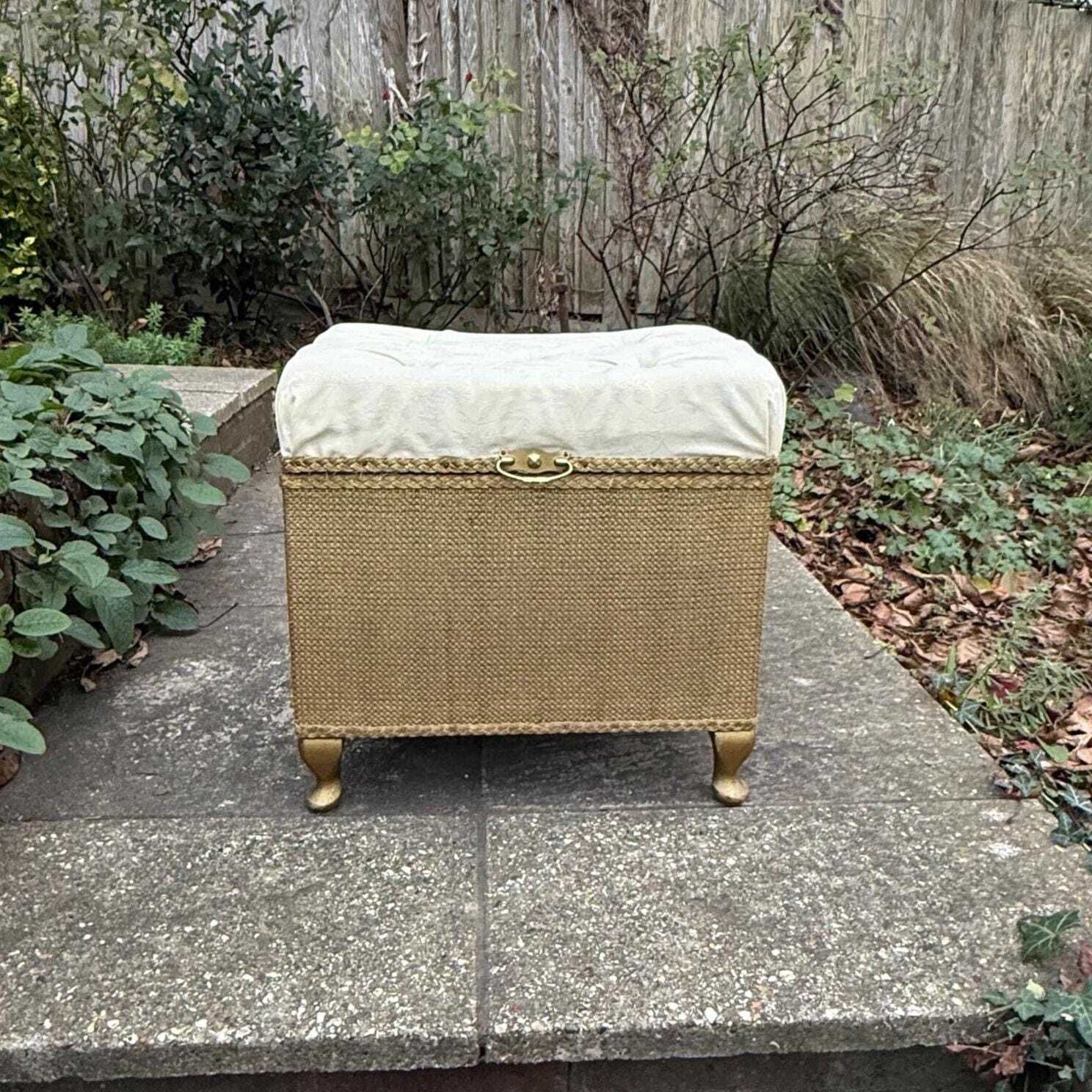 Mid Century Vintage Lloyd Loom Style Gold Linen Basket, Vintage Stool, With New Padded Seat Cover