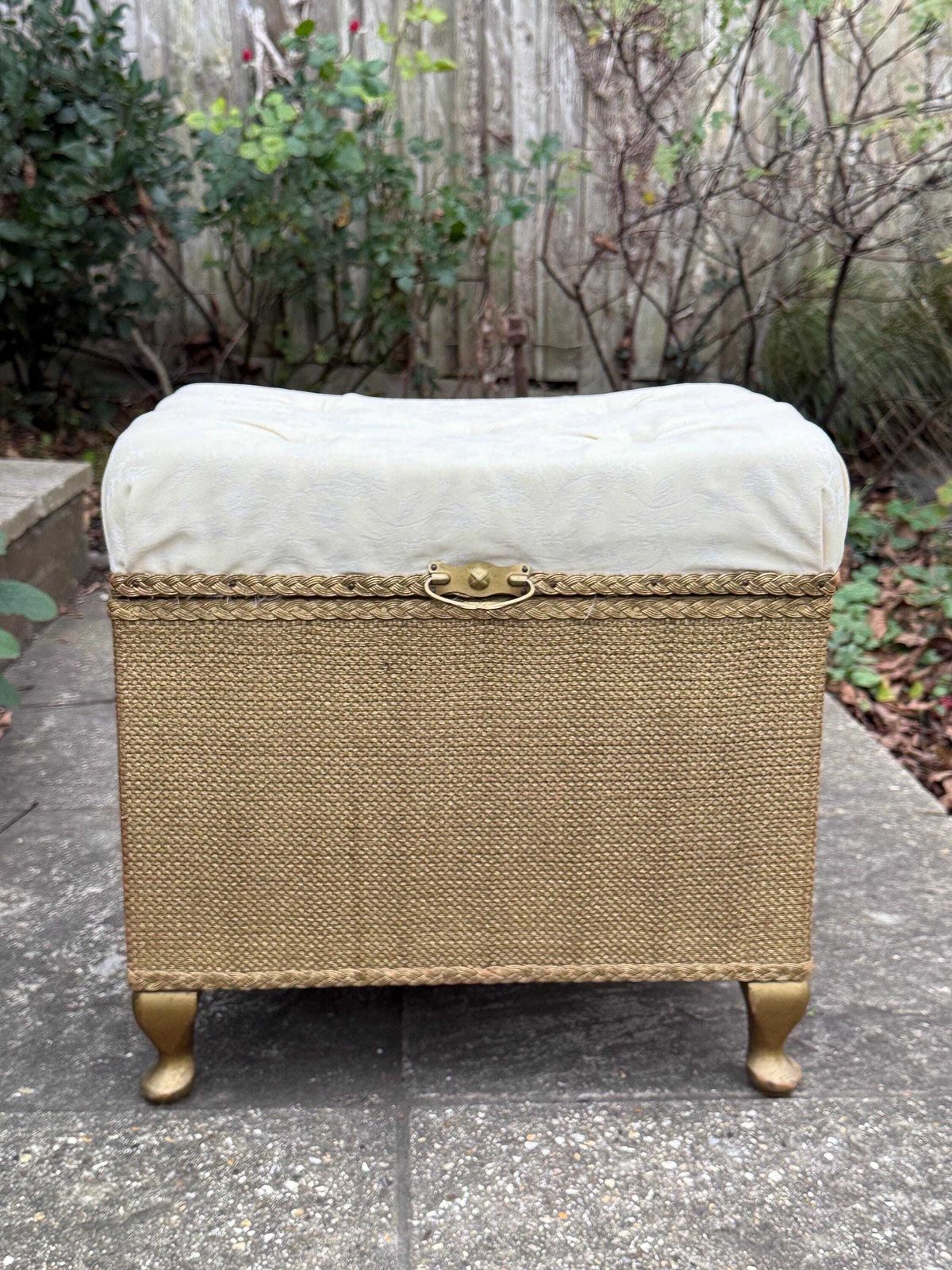 Mid Century Vintage Lloyd Loom Style Gold Linen Basket, Vintage Stool, With New Padded Seat Cover photo furniture