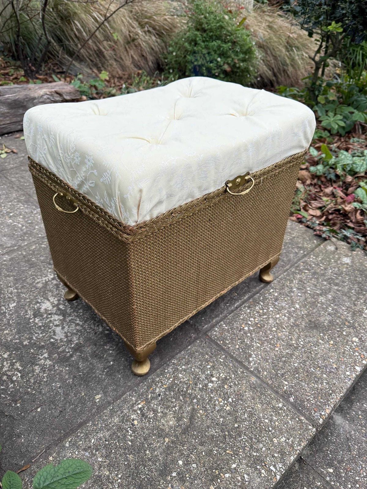 Mid Century Vintage Lloyd Loom Style Gold Linen Basket, Vintage Stool, With New Padded Seat Cover photo for sale