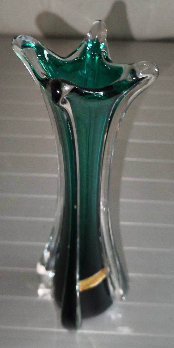 Clear & Emerald Green Sommerso Murano Glass Vase, 1950s