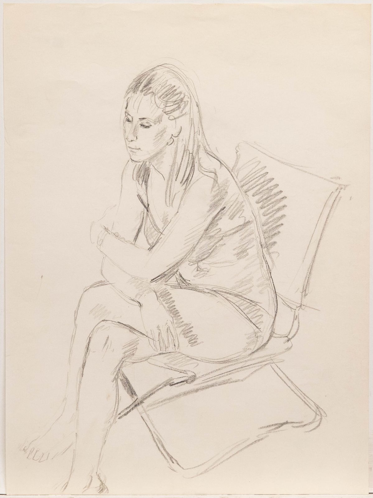 Georges Pacouil (1903 1996) Mid 20th Century Graphite Drawing, Seated Model photo furniture