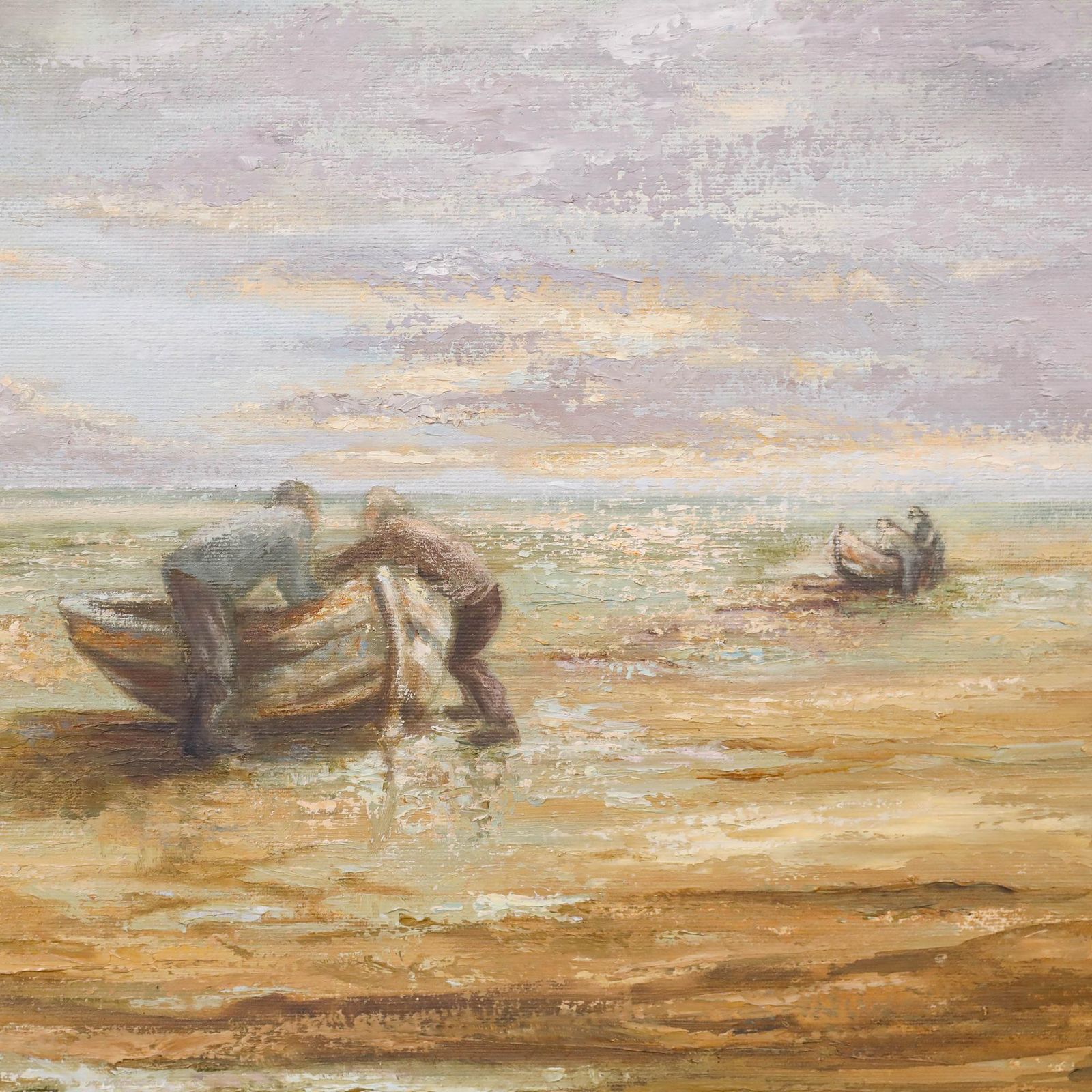 K.M Framed 20th Century Oil, Bringing The Boats Ashore photo 450.0