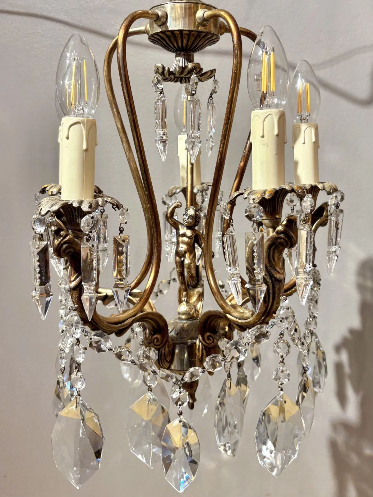 Italian Mid Century Gilded Brass Chandelier With Bohemian Crystal photo for sale