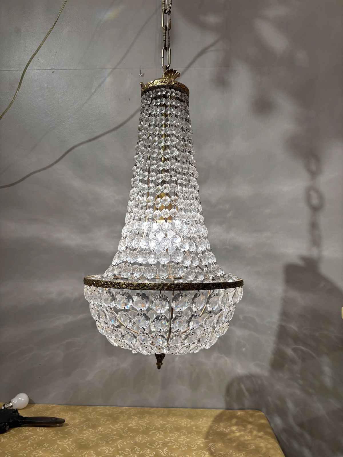 Italian Empire Style Chandelier In Gilt Brass And Bohemian Crystal photo for sale