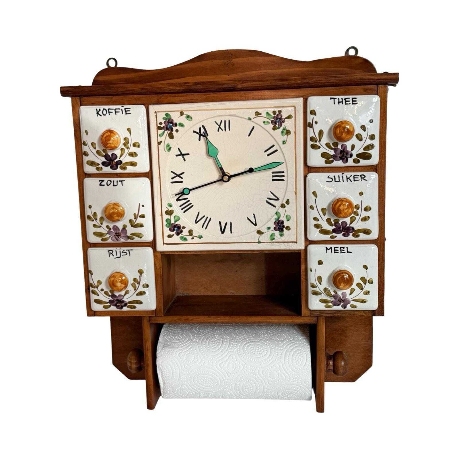 Antique Dutch Spice Rack / Kitchen Cabinet   Delft   Including Clock And Towel Dispenser   No Cracks, New Movement