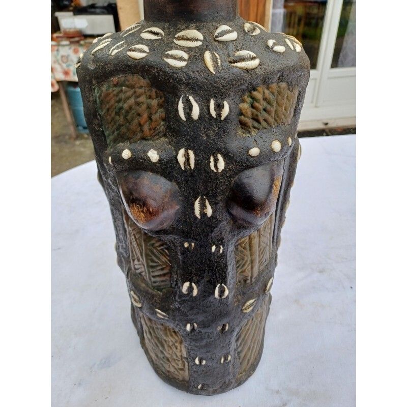 Statue Africaine Femme Bois , Laiton , Perles , Coquillages photo vinterior