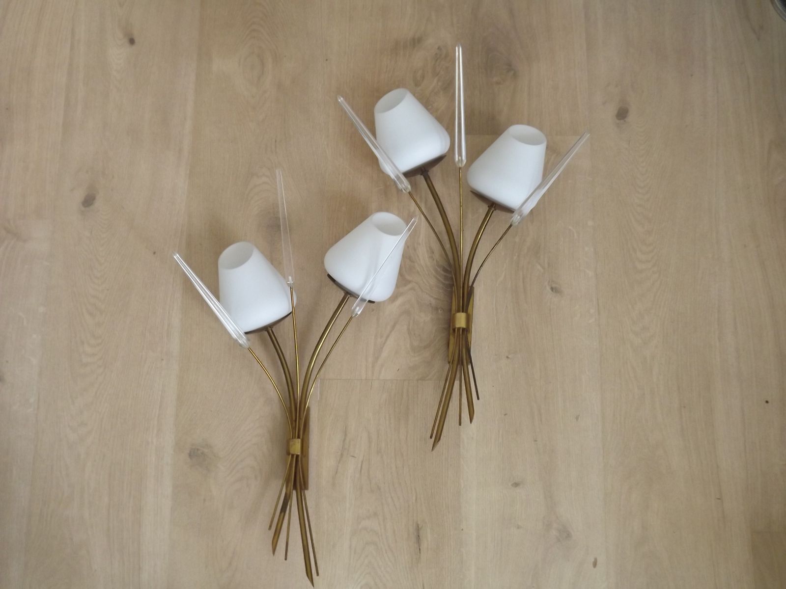 Mid Century French Brass Wall Sconces With Bullrush Design And Opaque Glass Shades