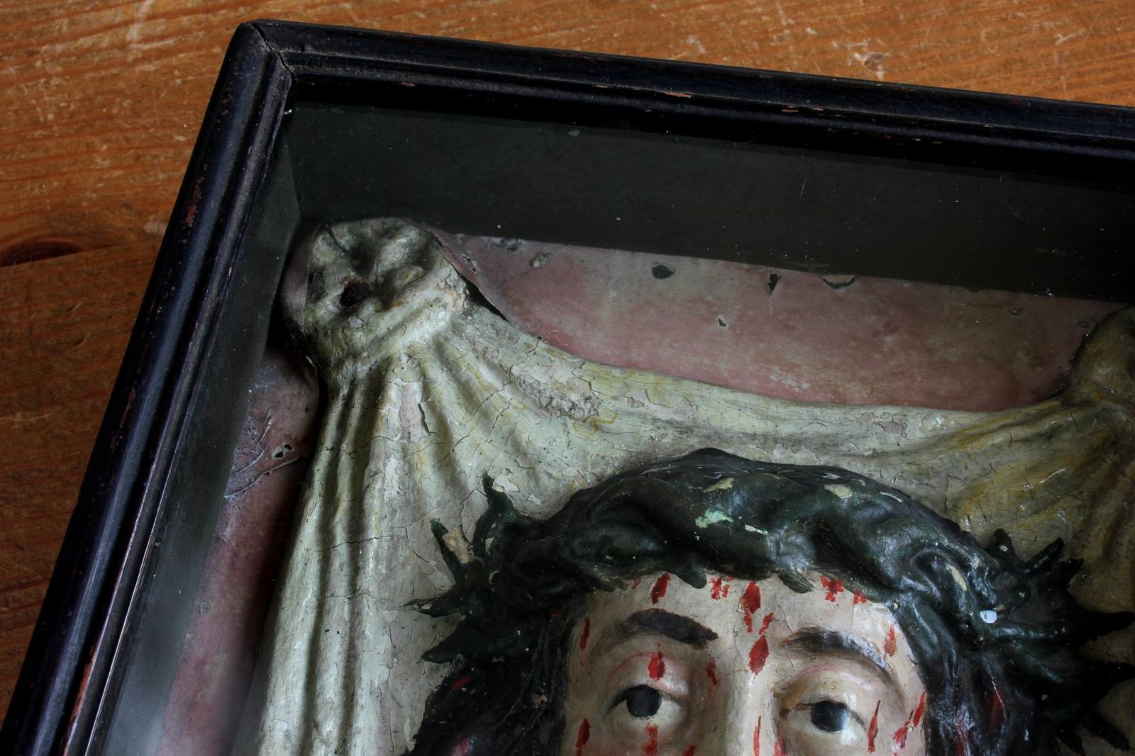 photo for sale Antique Jesus Christ Veil Of Veronica. Papier Mache Display Case. 1800s.