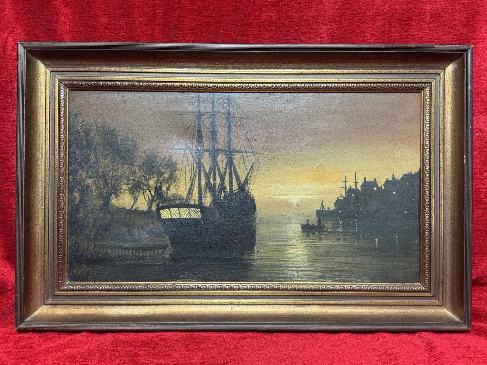 Moonlit Masted Galleon In Harbour Scene Oil Painting Signed Adams