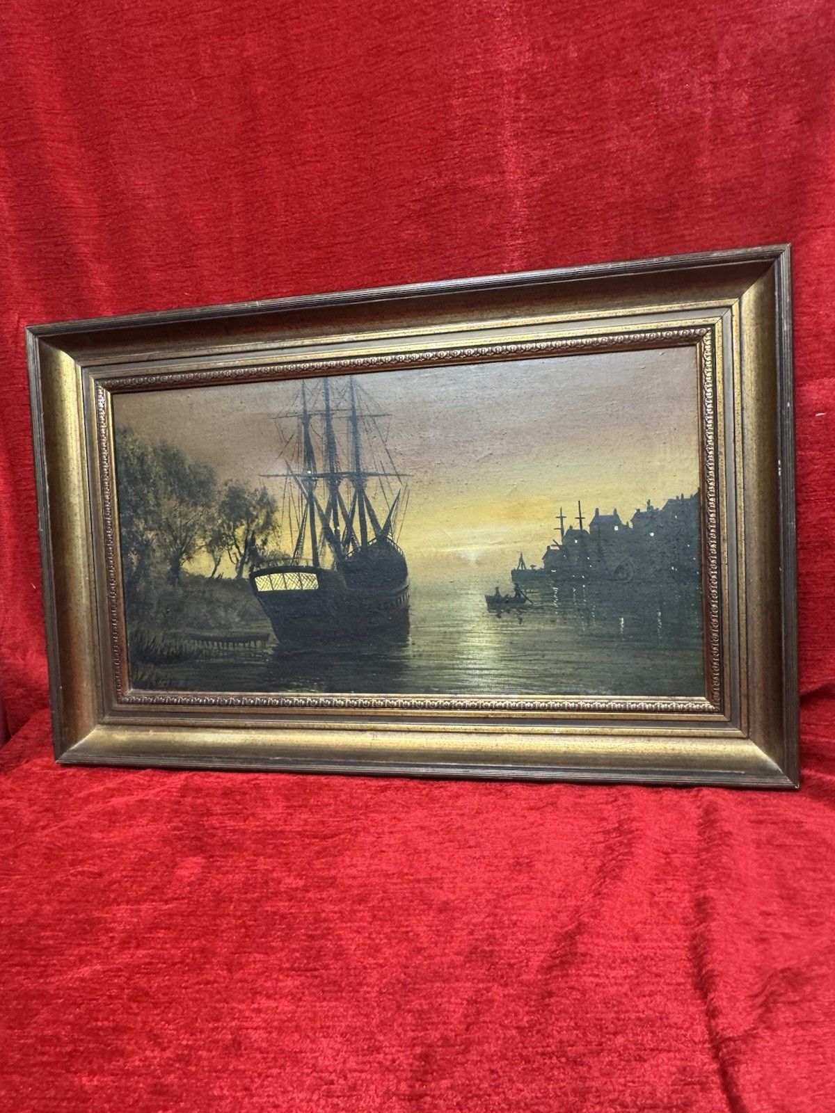 375.0 Moonlit Masted Galleon In Harbour Scene Oil Painting Signed Adams photo