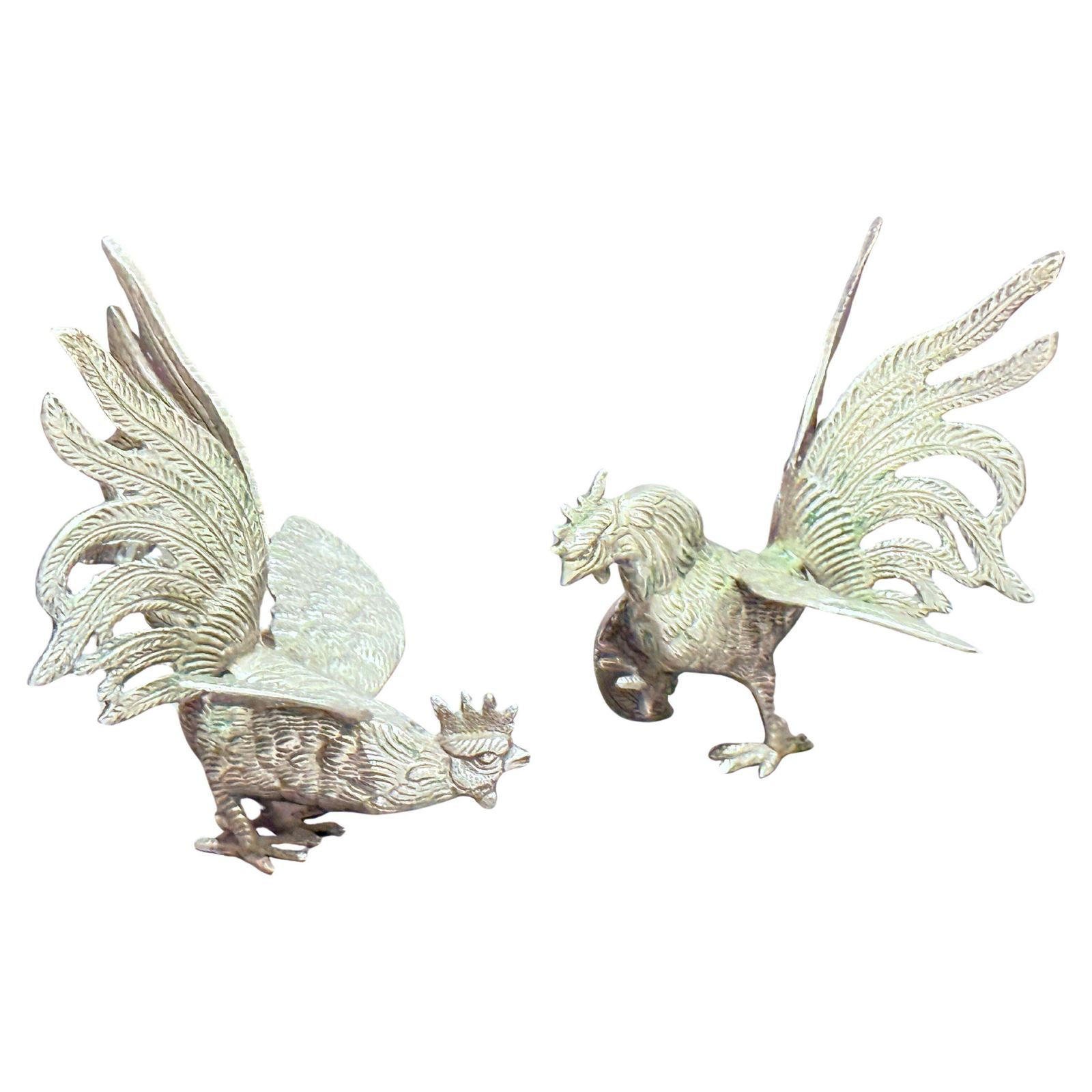 Antique Pair Of Silver Rooster Stand, Decoration For Home Décor, Animal Figure