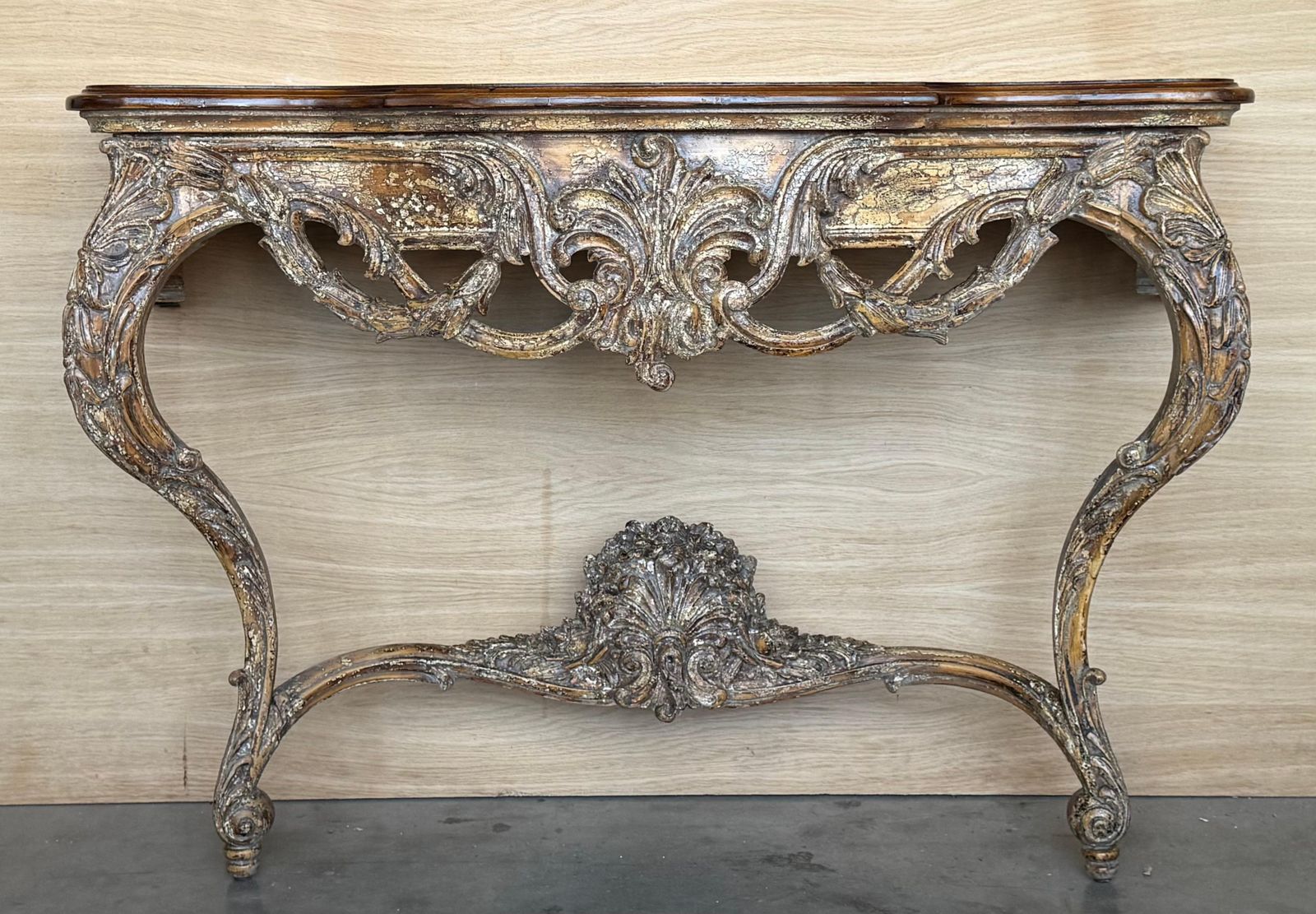 Console murale de style Louis XIV sculptée et peinte, plateau en bois photo vintage