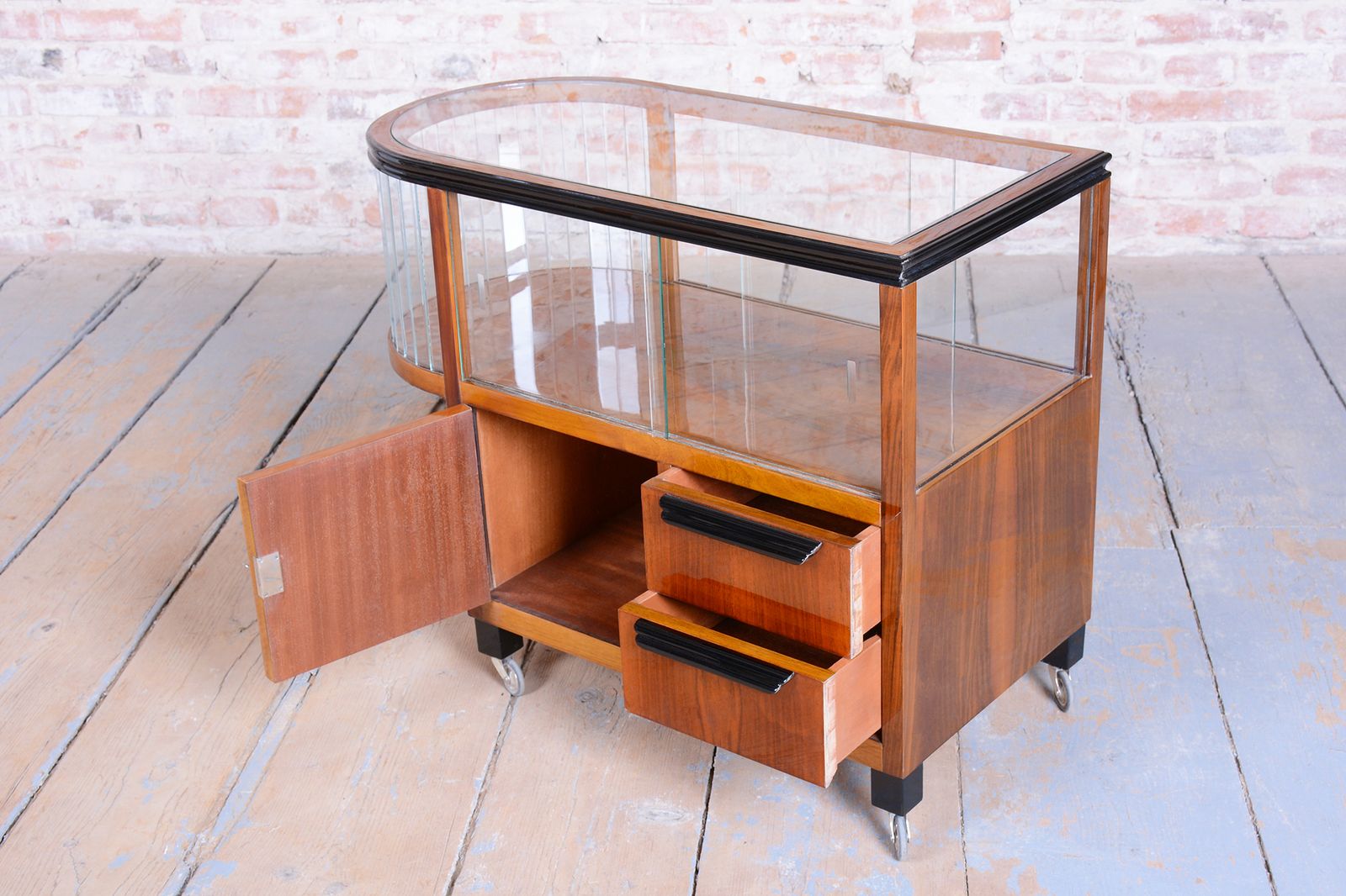 Restored Art Deco Serving Trolley, Walnut, Glass, Repolished, Czech, 1920s photo Furniture