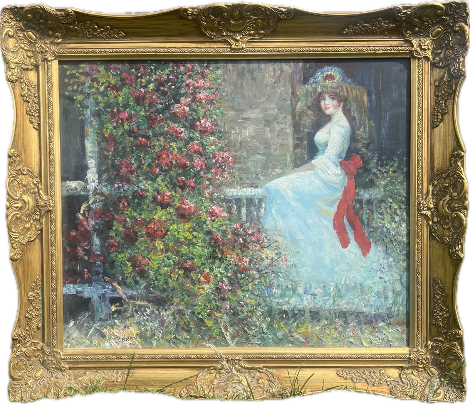 Mid 20th Century Impressionist Portrait Of A Lady In Garden Scene, Oil Painting In Ornate Gilt Frame photo furniture