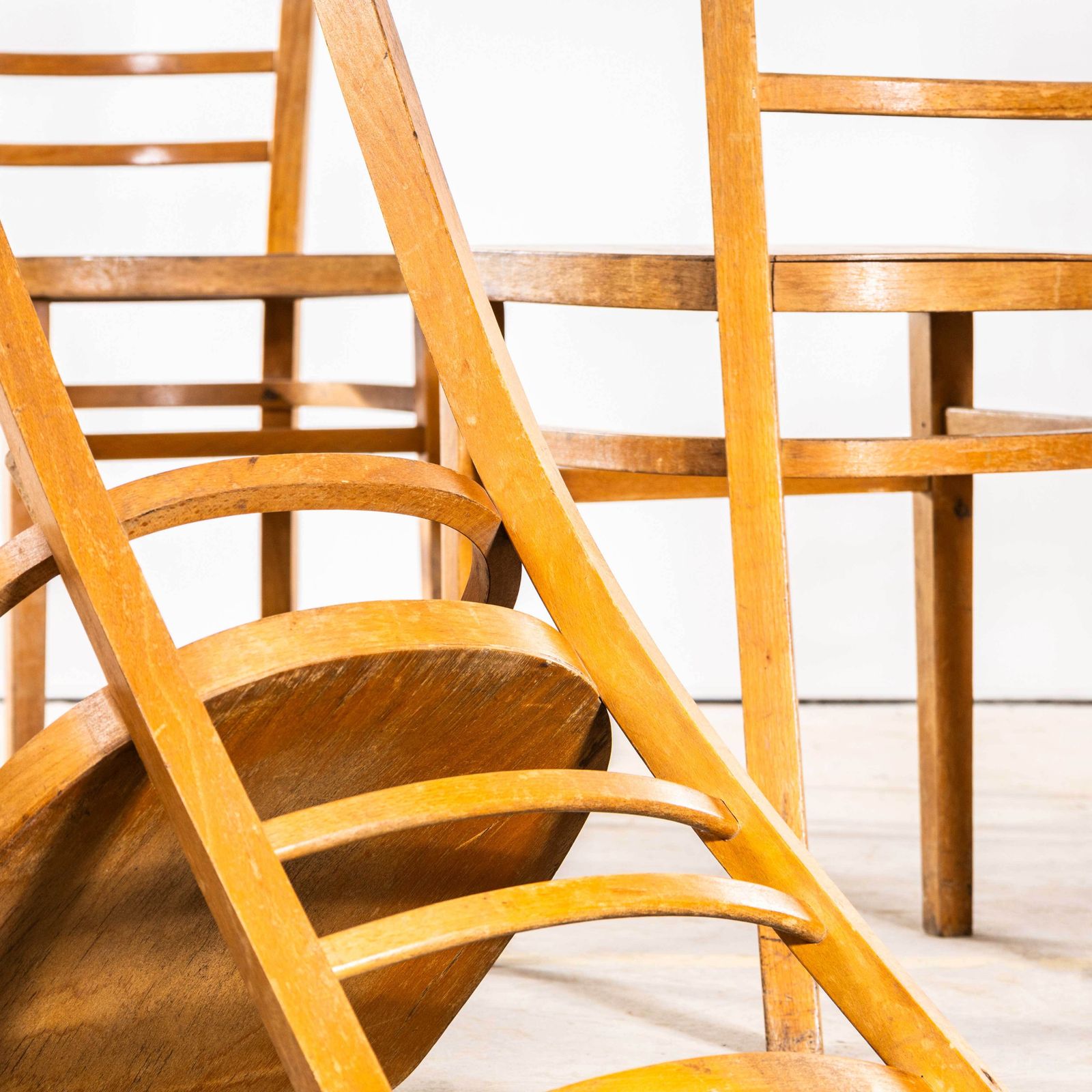 1960's Honey Two Step Ladder Backed Dining Chairs   Set Of Four photo vintage