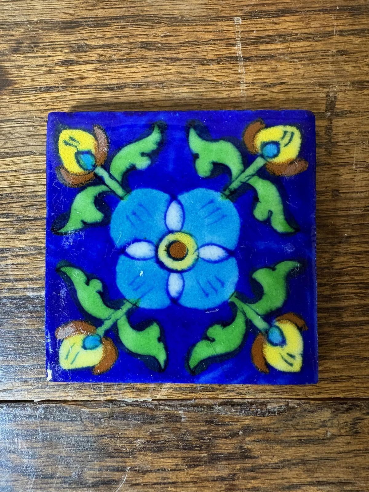 Set Of 4 Hand‑Painted Persian/Jaipur‑Style Floral Tiles On Cobalt Blue, 7.5 Cm photo Home Fixtures