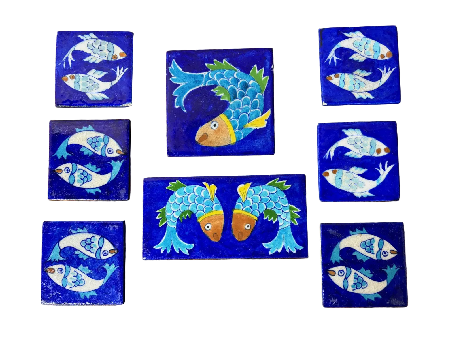 Set Of 8 Hand‑Painted Jaipur Blue Pottery “Fish” Tiles, Cobalt Ground