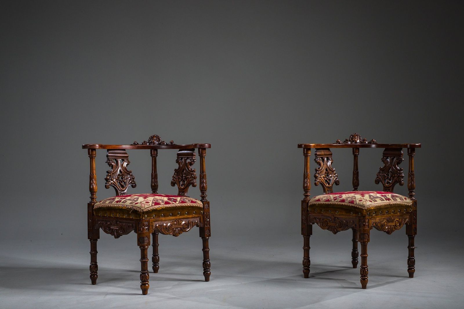 19th Century Italian Renaissance Style Carved Walnut Corner Chairs, Set Of 2