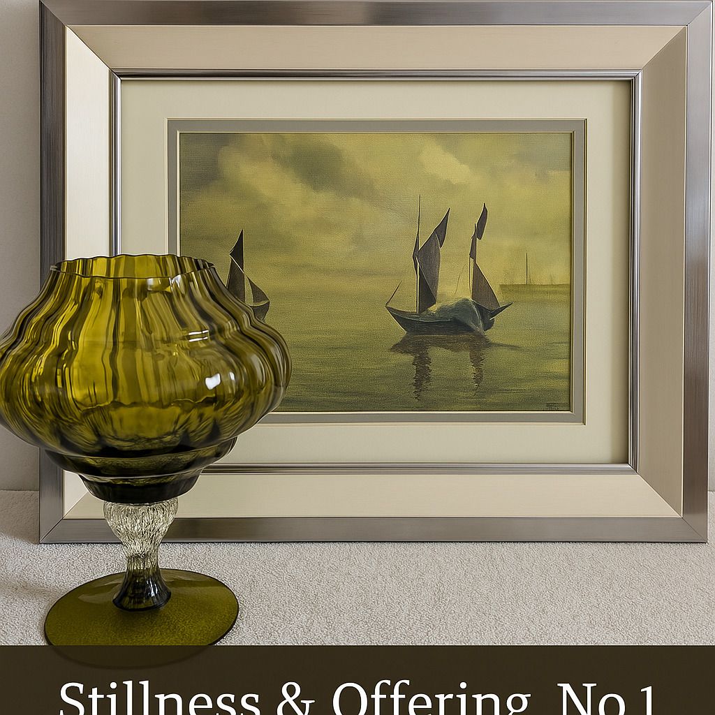 Framed Freda Dean Sailboat Painting (1996) And Mid Century Olive Glass · Empoli Or Bohemia photo furniture
