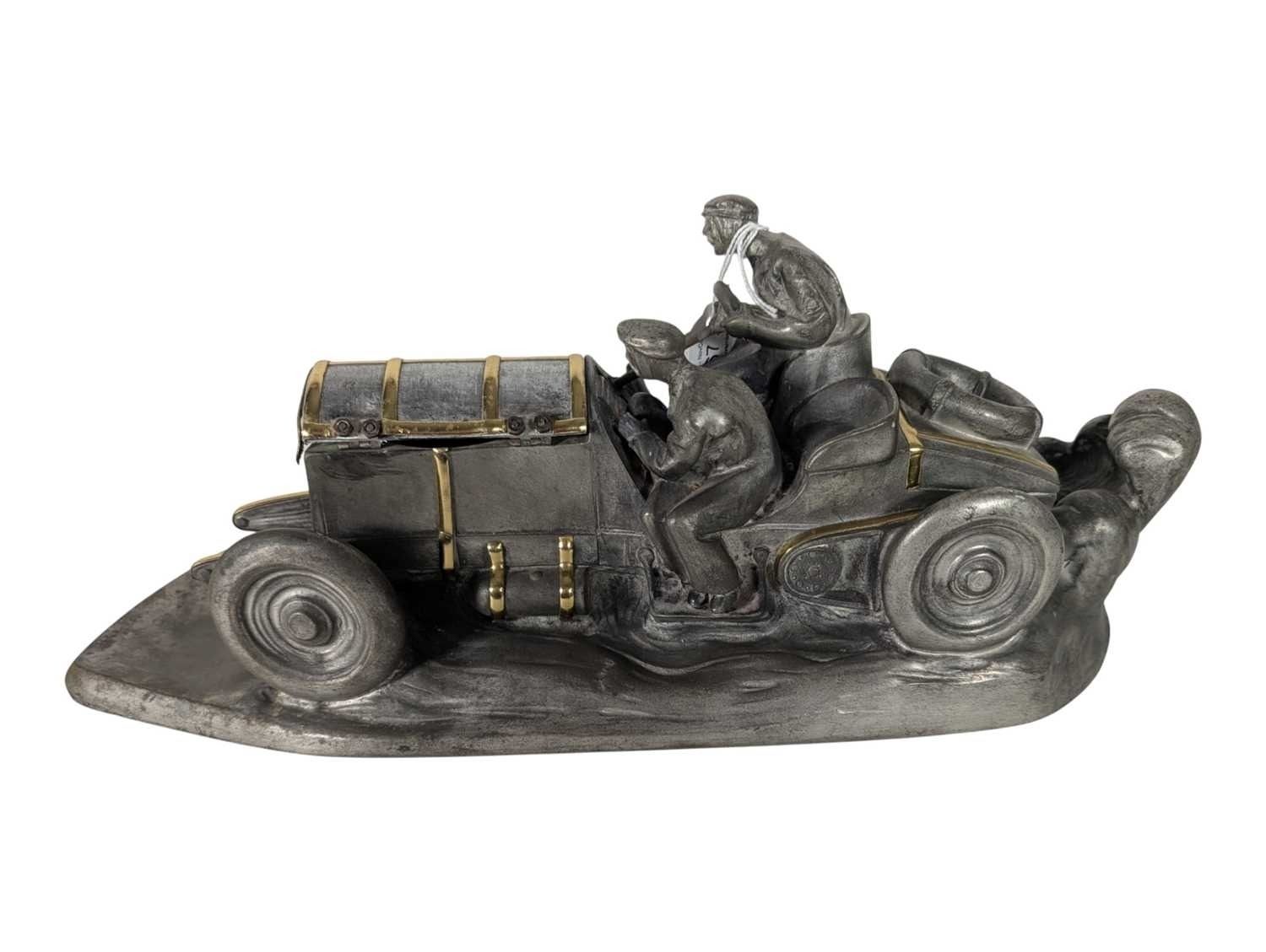 Rare Wilhelm Zwick Pewter Mercedes Benz Rally Car Desk Stand & Inkwell With Gold Gilt Detailing And Brass Inkwell Model Sculpture Art Nouveau Deco photo furniture