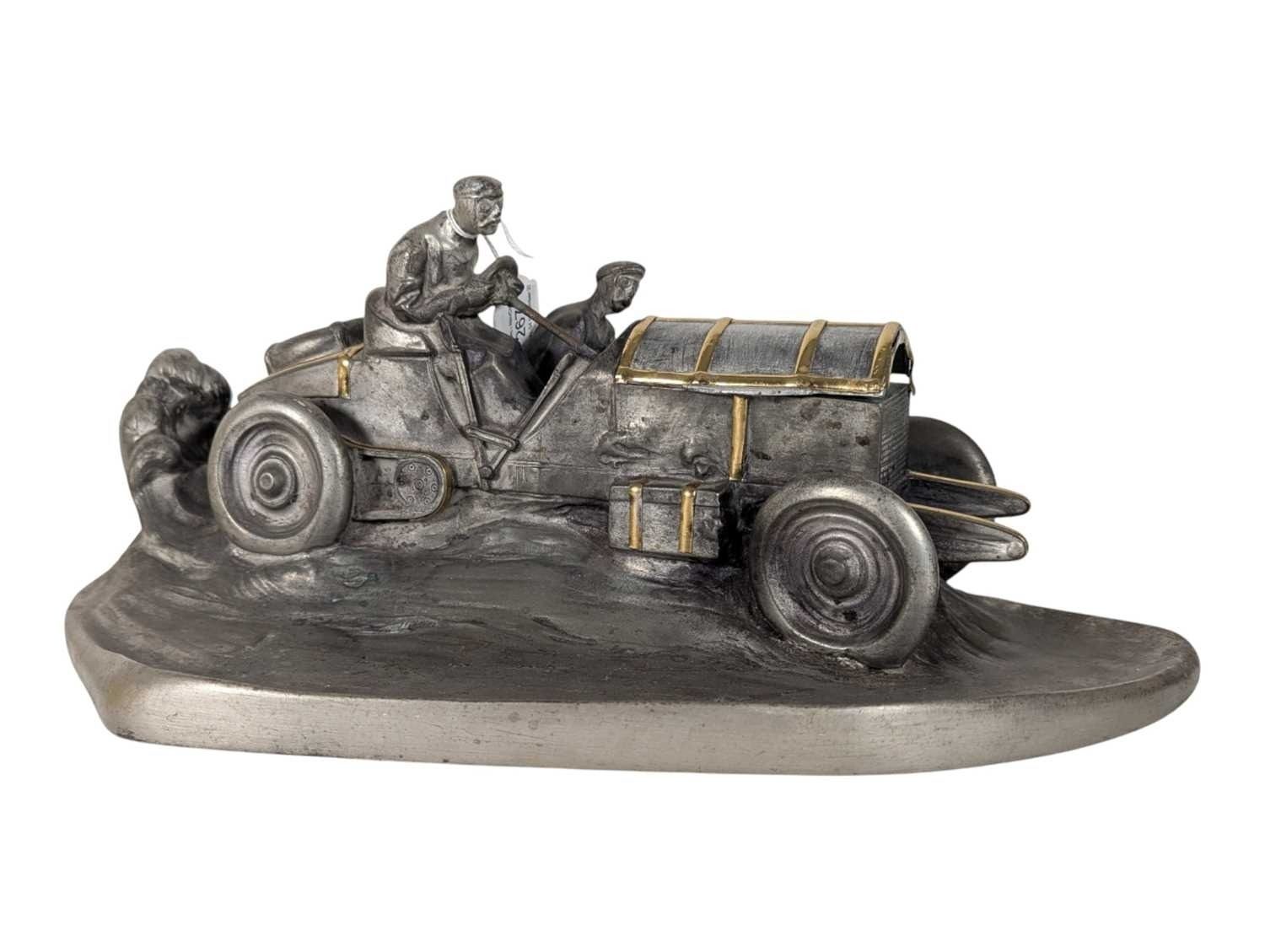 Rare Wilhelm Zwick Pewter Mercedes Benz Rally Car Desk Stand & Inkwell With Gold Gilt Detailing And Brass Inkwell Model Sculpture Art Nouveau Deco