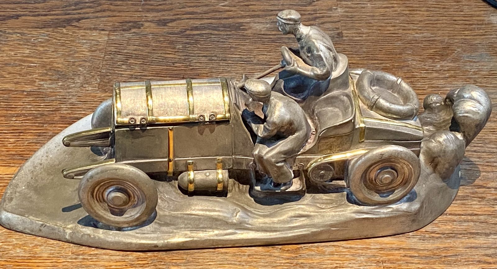 Home Decor Rare Wilhelm Zwick Pewter Mercedes Benz Rally Car Desk Stand & Inkwell With Gold Gilt Detailing And Brass Inkwell Model Sculpture Art Nouveau Deco photo
