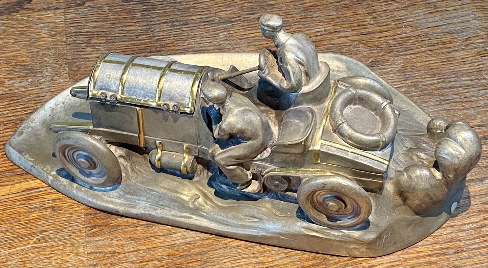Rare Wilhelm Zwick Pewter Mercedes Benz Rally Car Desk Stand & Inkwell With Gold Gilt Detailing And Brass Inkwell Model Sculpture Art Nouveau Deco photo Home Decor