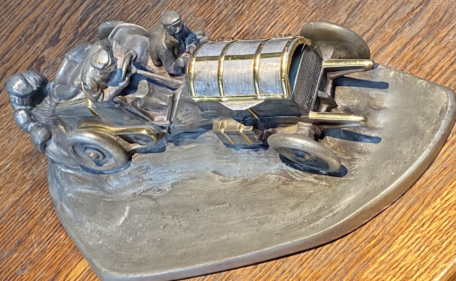 Rare Wilhelm Zwick Pewter Mercedes Benz Rally Car Desk Stand & Inkwell With Gold Gilt Detailing And Brass Inkwell Model Sculpture Art Nouveau Deco photo 695.0