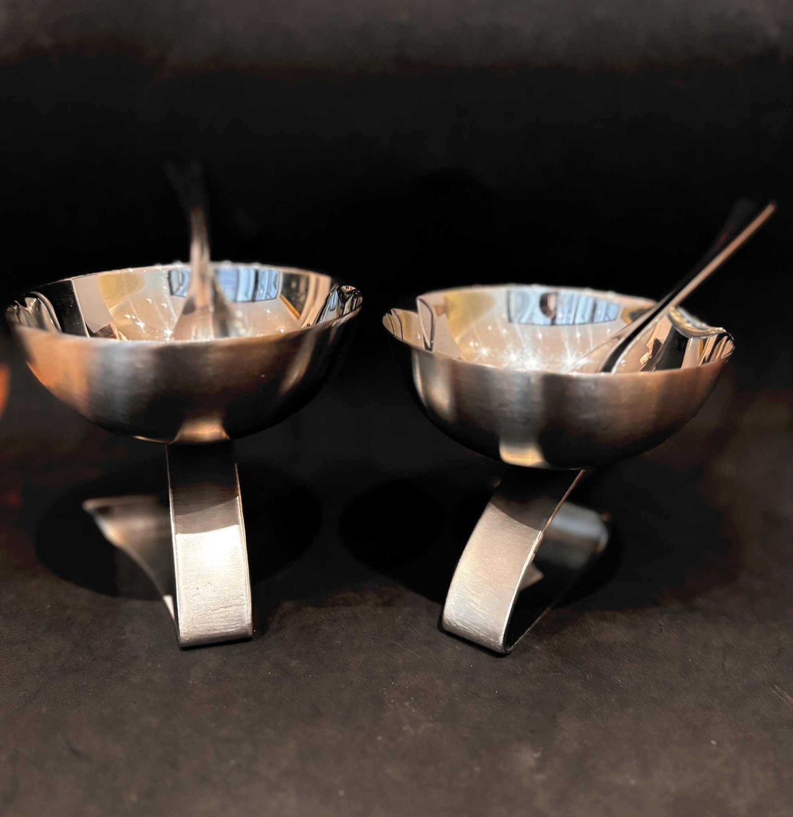 Futuristic Stainless Steel Dessert Cups – Set Of 2 With Matching Modernist Spoons (1980s) photo furniture
