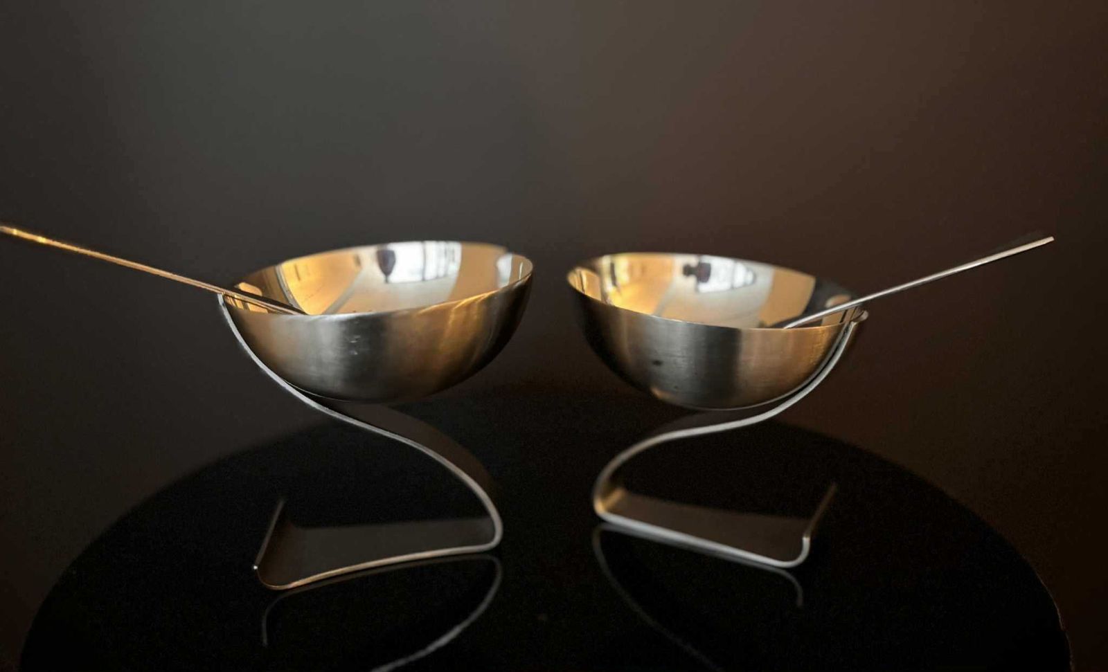 Futuristic Stainless Steel Dessert Cups – Set Of 2 With Matching Modernist Spoons (1980s) photo for sale
