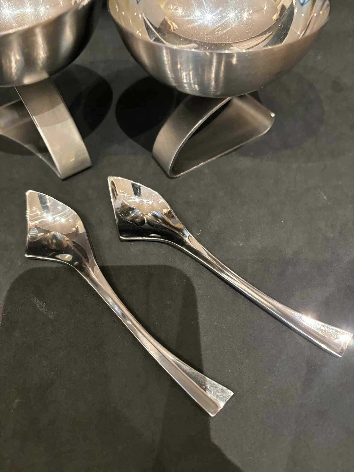 Futuristic Stainless Steel Dessert Cups – Set Of 2 With Matching Modernist Spoons (1980s) photo Home Decor